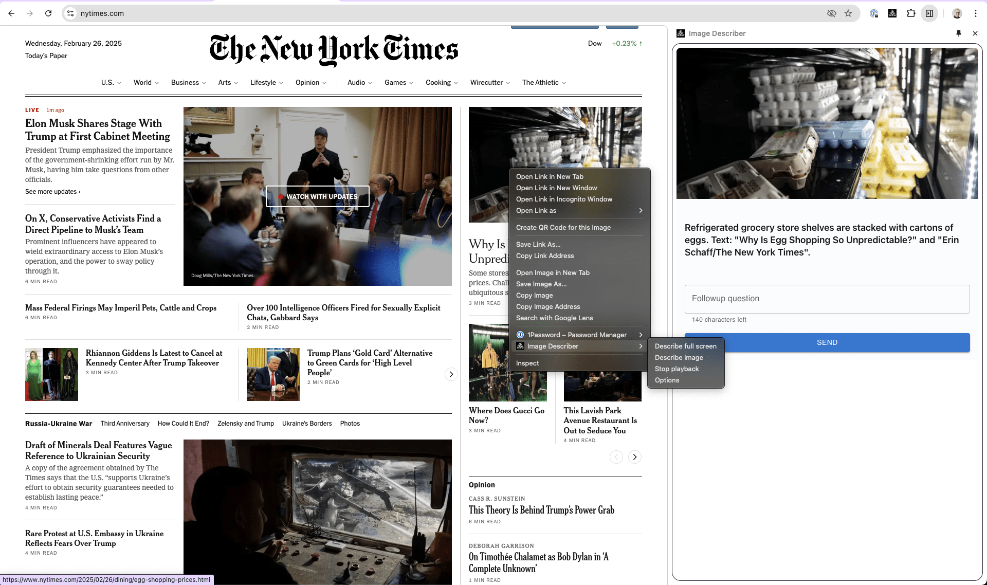 New York Times homepage with Image Describer menu open.