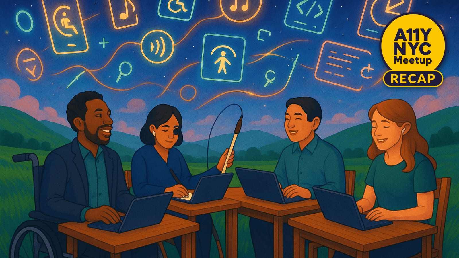 A vibrant digital illustration set in a peaceful twilight meadow shows four racially diverse professionals sitting at desks with laptops.