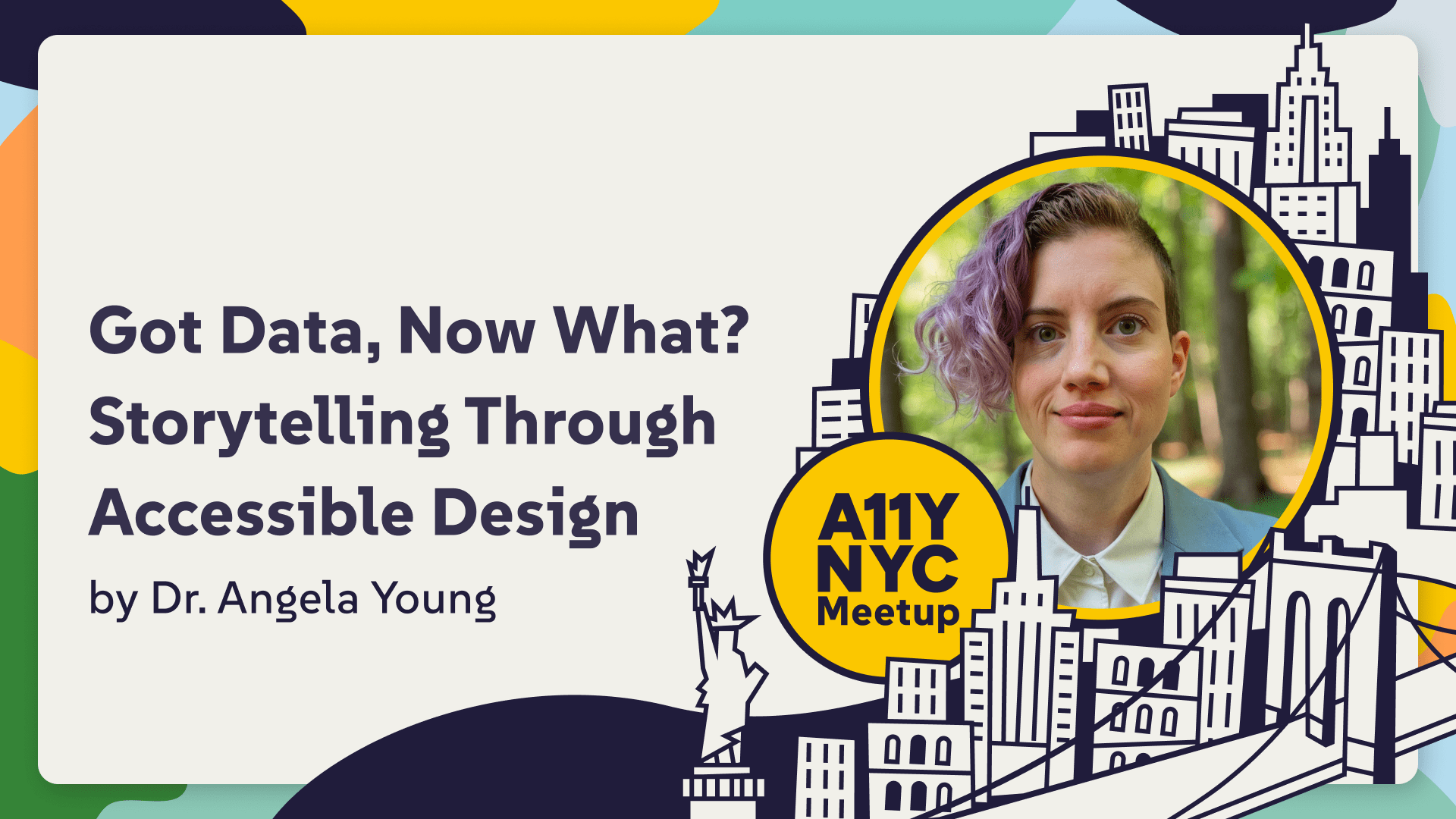 Dr. Angela Young (they/them) has a slight smile and wears a white button down shirt and a pale blue blazer. They are a caucasian nonbinary person with side-shaved purple curly hair.