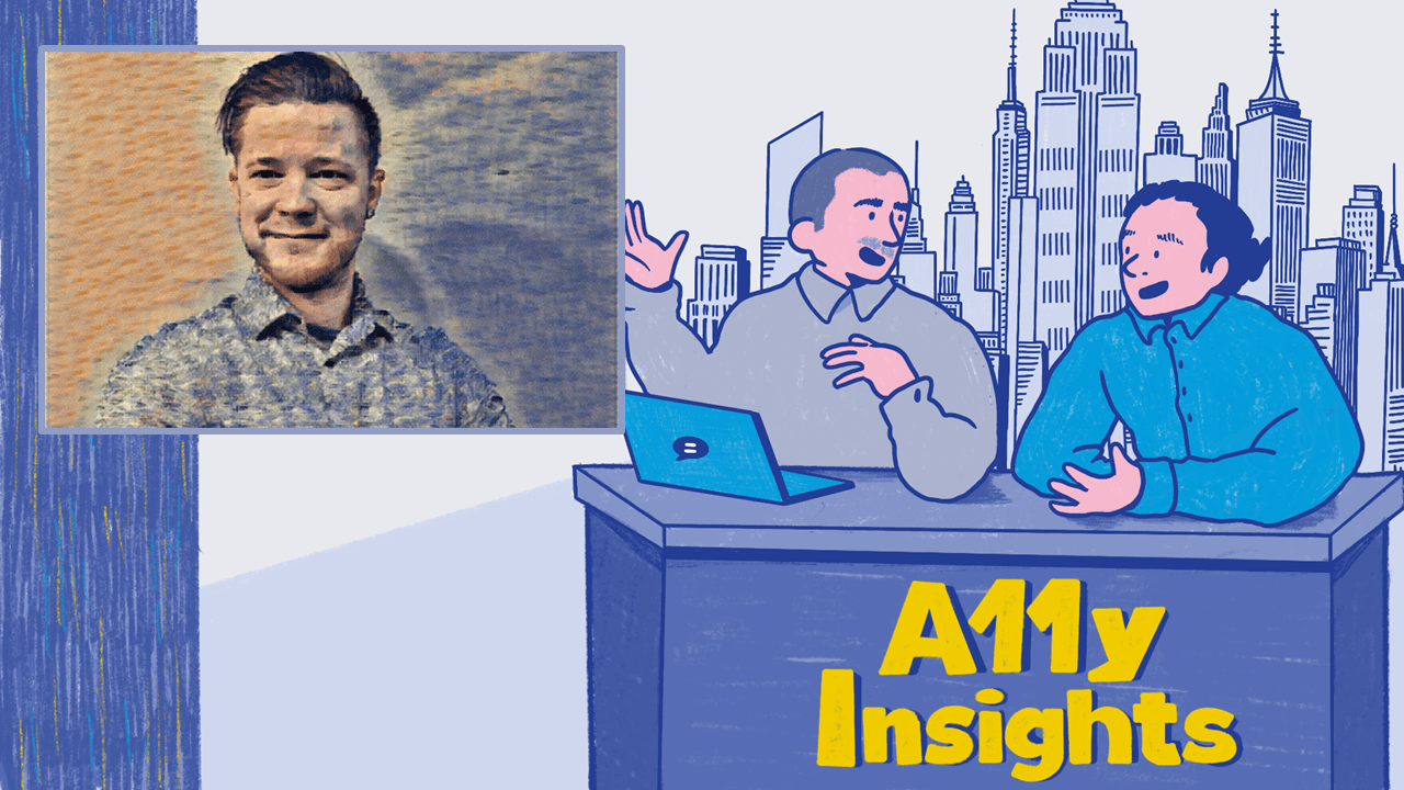 Illustration of Thomas and Ken at a desk with A11y Insights. Thomas has a laptop in front of him. A city skyline is in the distance behind them. The news window shows a an illustration of James Warnken.