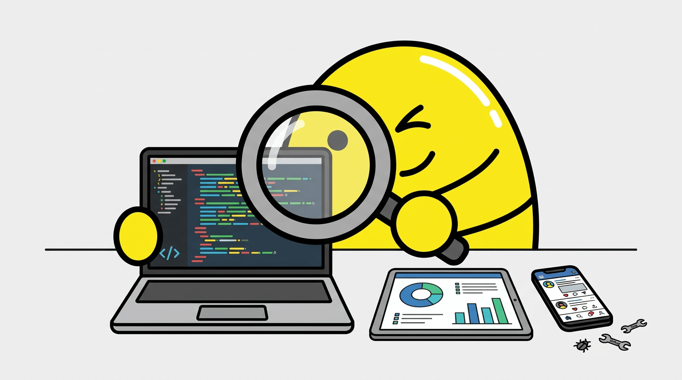 Knomo, a yellow blob, inspects digital software on a laptop, a tablet, and a mobile device.