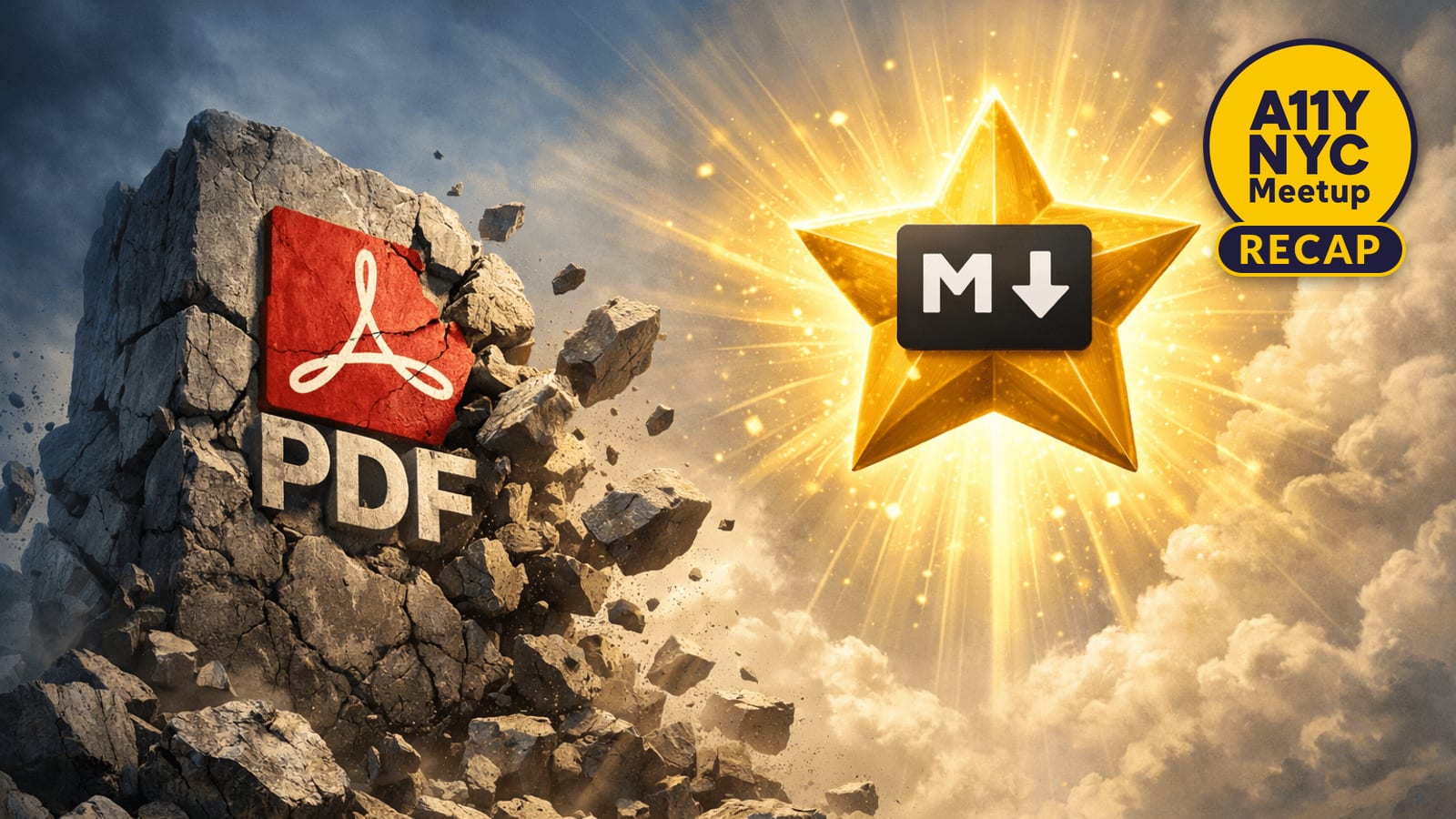 A stone block with the Adobe PDF logo cracks apart as a bright golden star with the Markdown symbol glows beside it, suggesting a shift from PDF to Markdown.