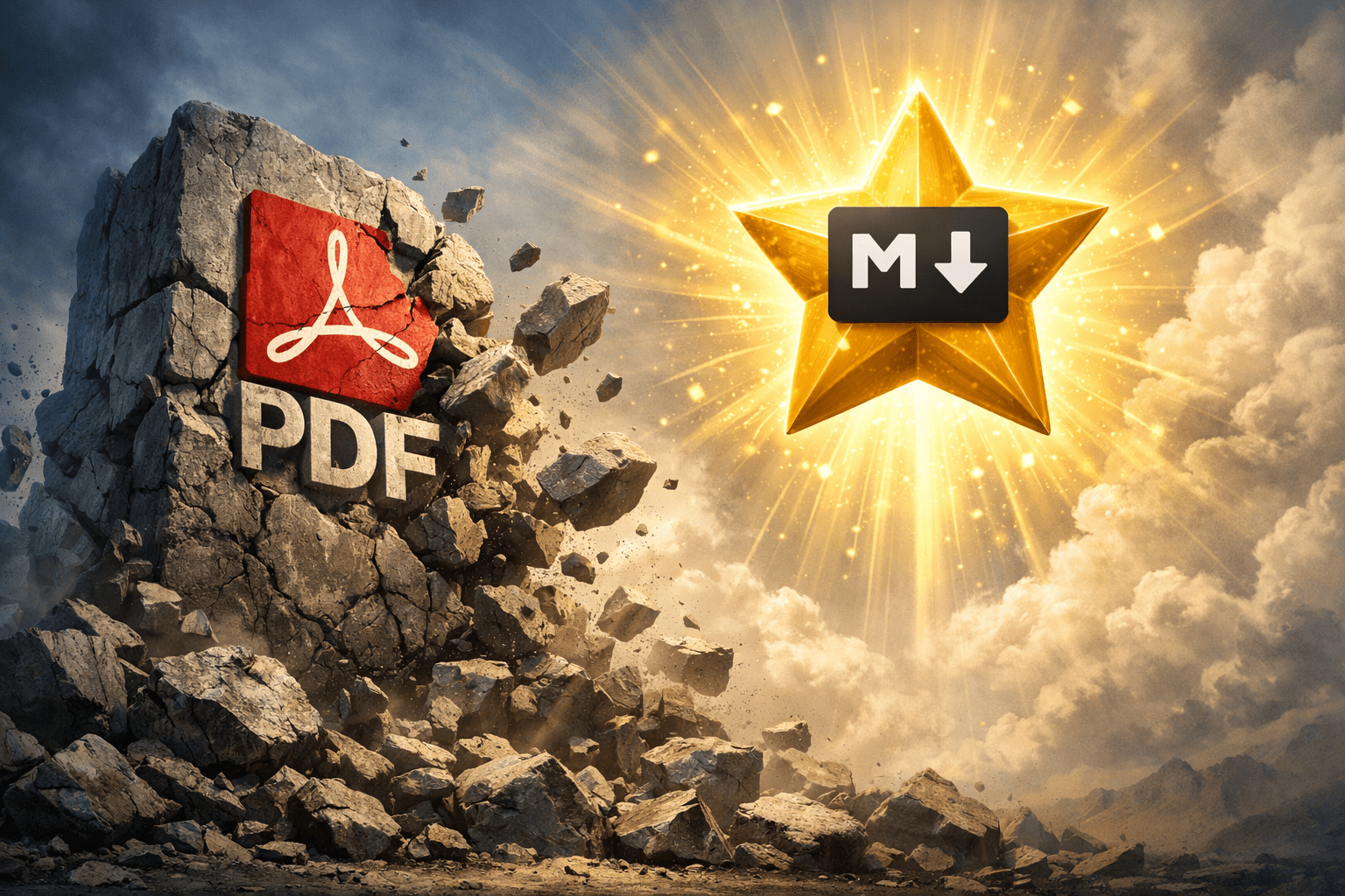 A stone block with the Adobe PDF logo cracks apart as a bright golden star with the Markdown symbol glows beside it, suggesting a shift from PDF to Markdown.